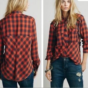 Free People Plaid Gauzy Lace Up Button Up Lightweight Red & Black Shirt, Large